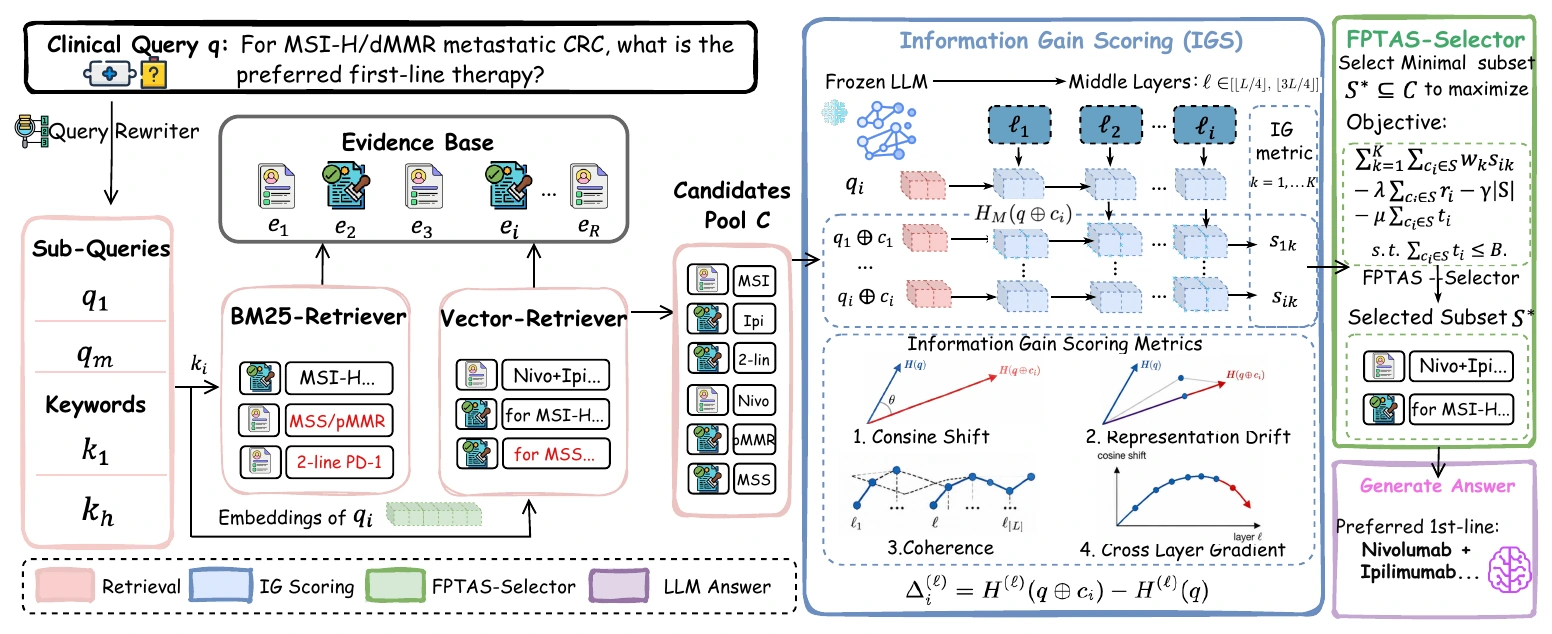 MEGA pipeline: subquery generation and hybrid retrieval, hidden-state Information Gain Scoring, FPTAS subset selection under a token budget, and evidence-grounded answer generation.